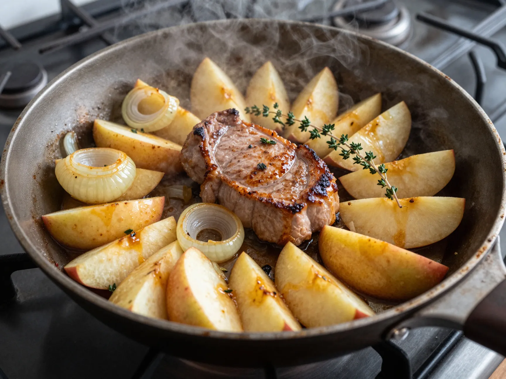 Pork chops searing with caramelized apples and onions