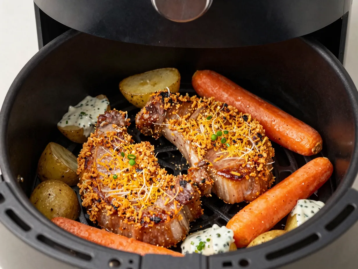 Crispy parmesan crusted pork chops in air fryer basket