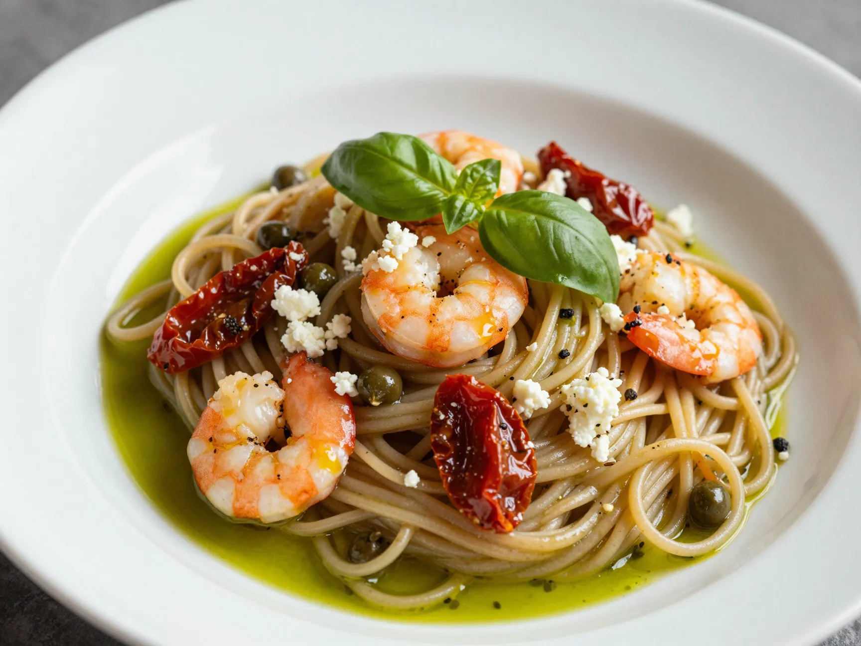 Mediterranean shrimp pasta with sun dried tomatoes and capers