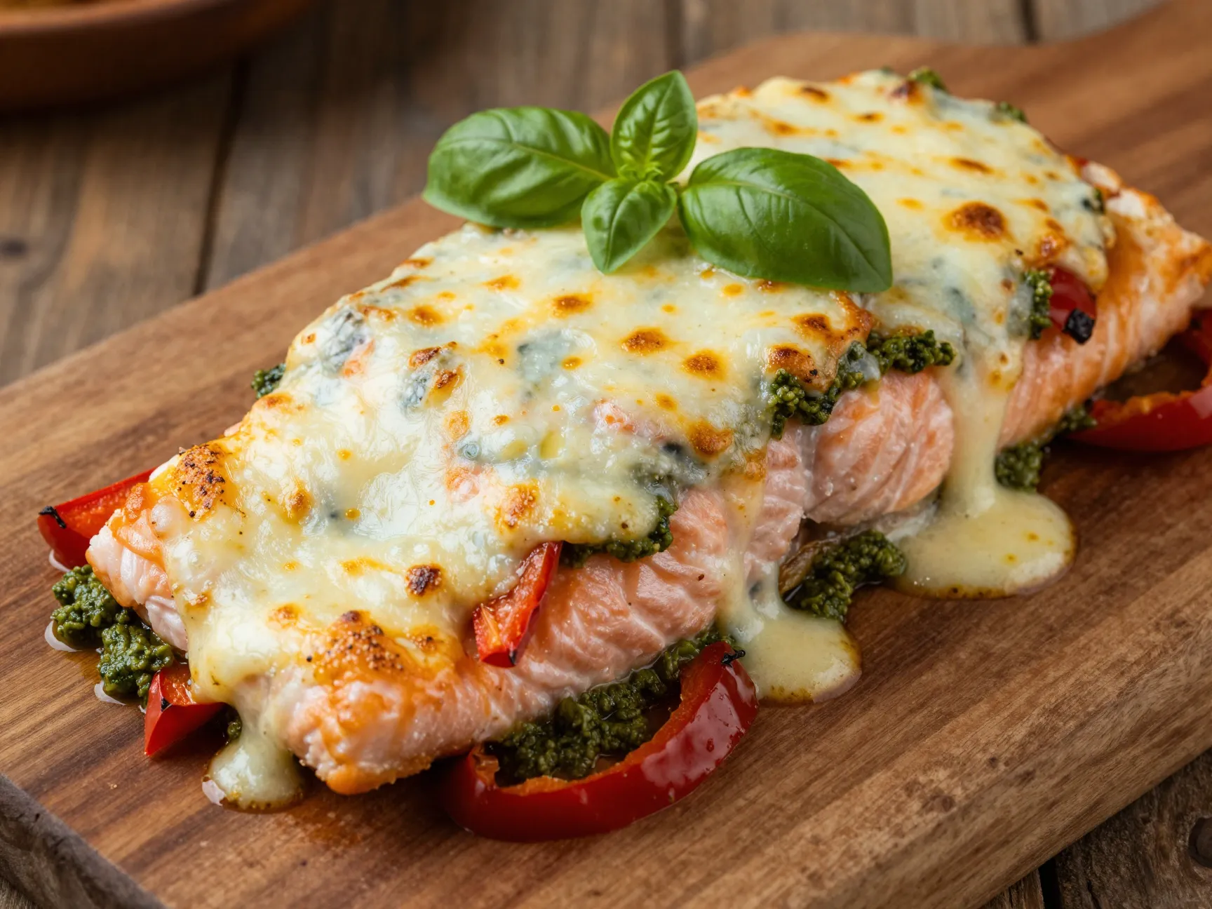 Pesto and mozzarella stuffed salmon