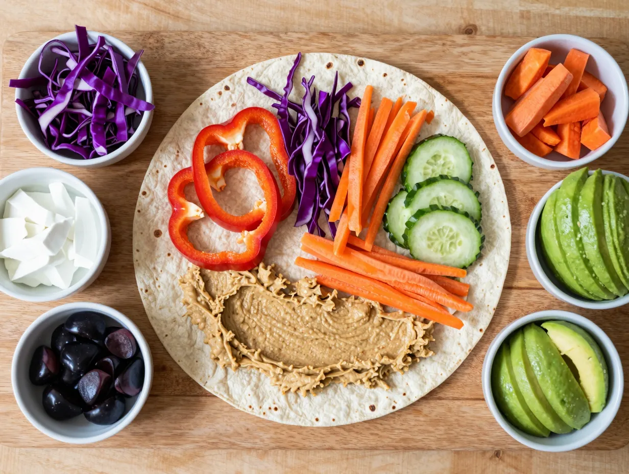 Rainbow veggie and hummus wraps