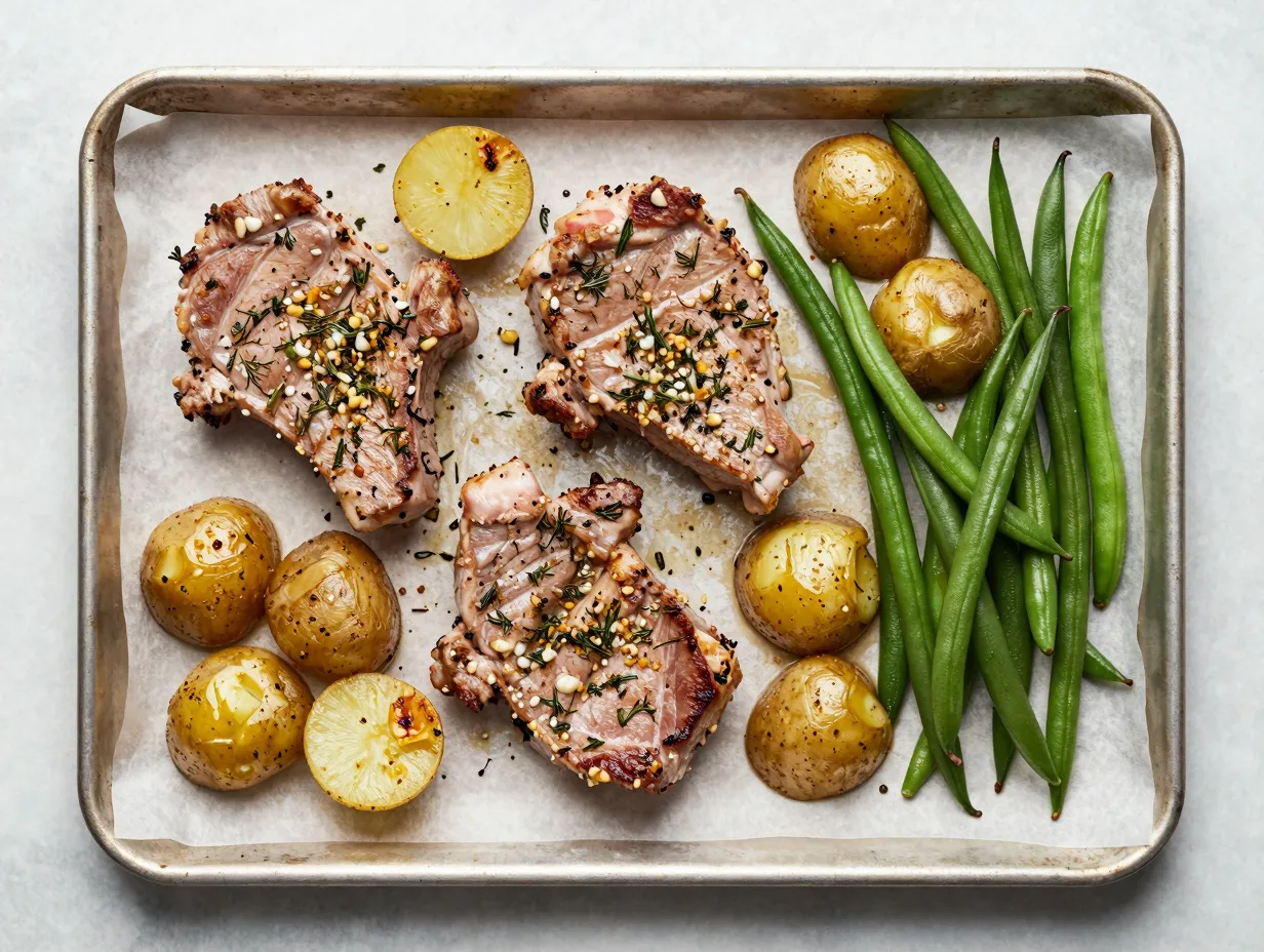 Sheet pan dinner with ranch seasoned pork and vegetables
