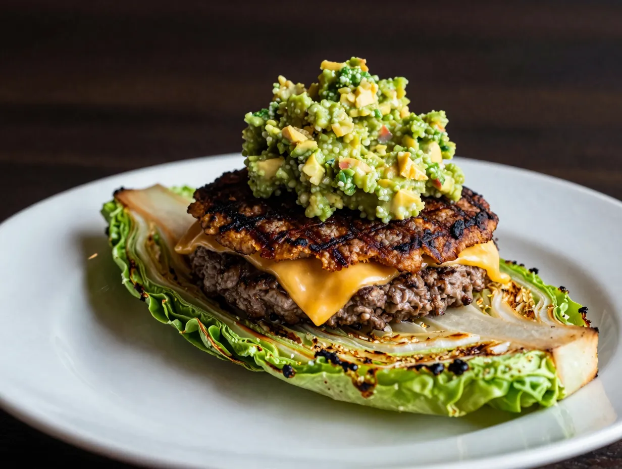 Smash burger with guacamole and roasted cabbage