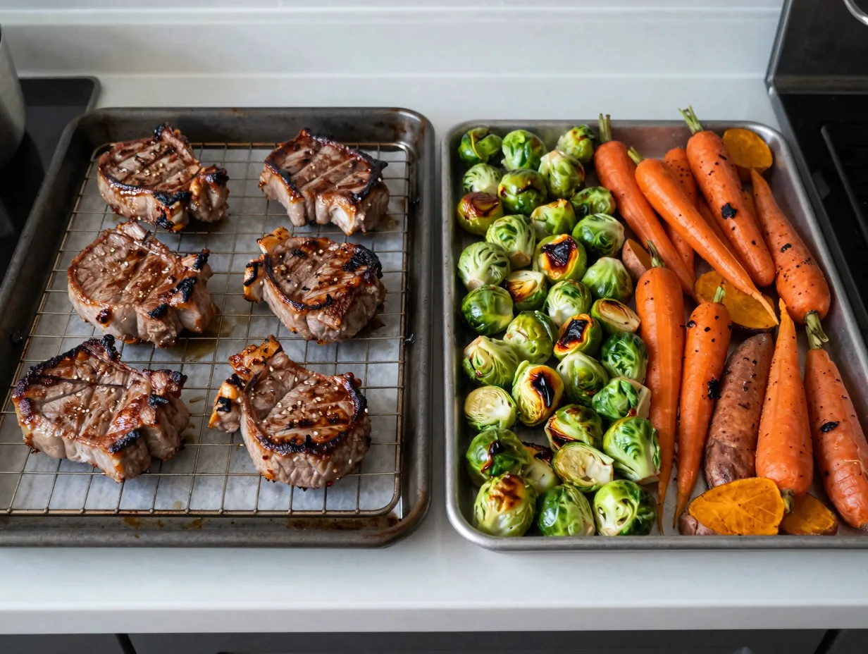 Baked pork chops on rack with separate roasted vegetables
