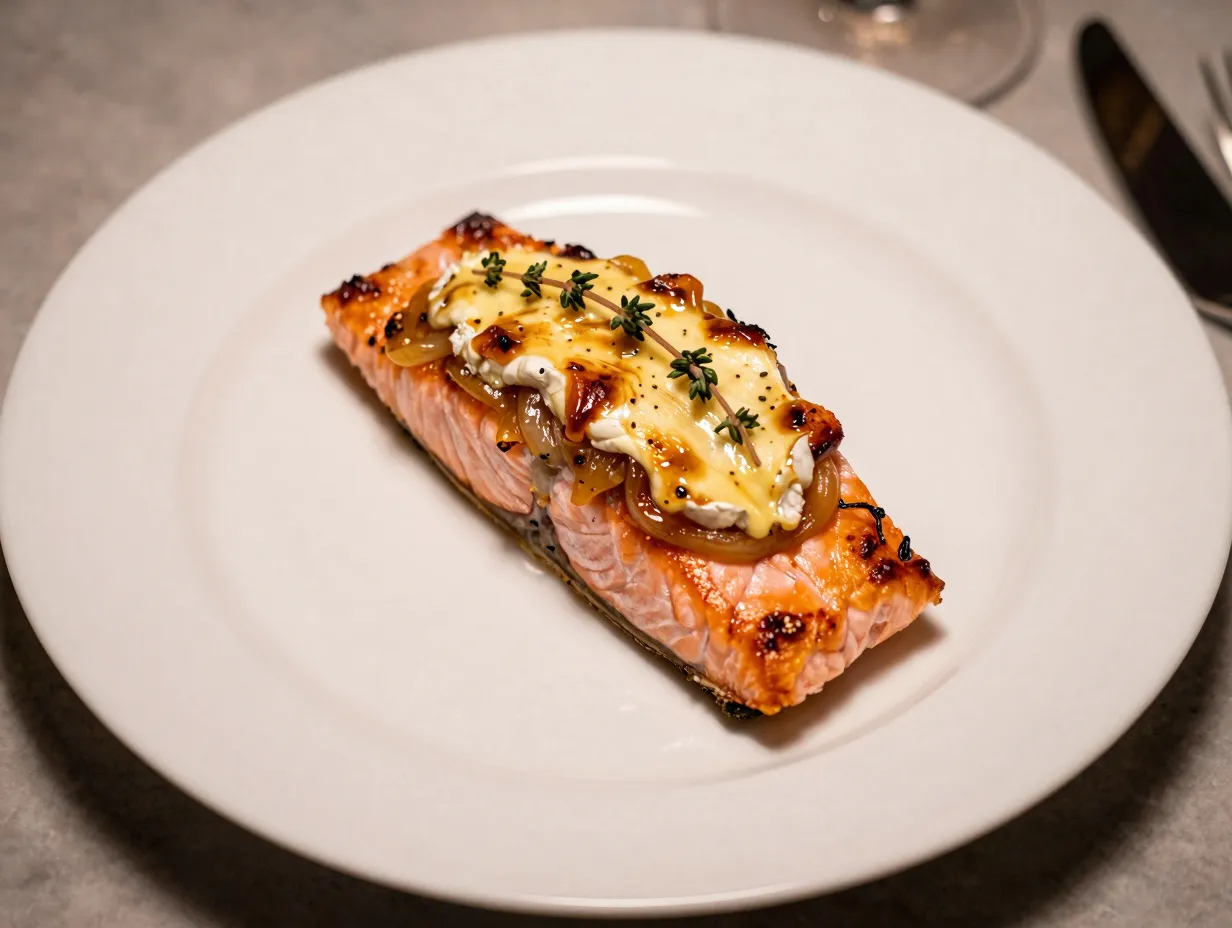 Brie and caramelized onion stuffed salmon