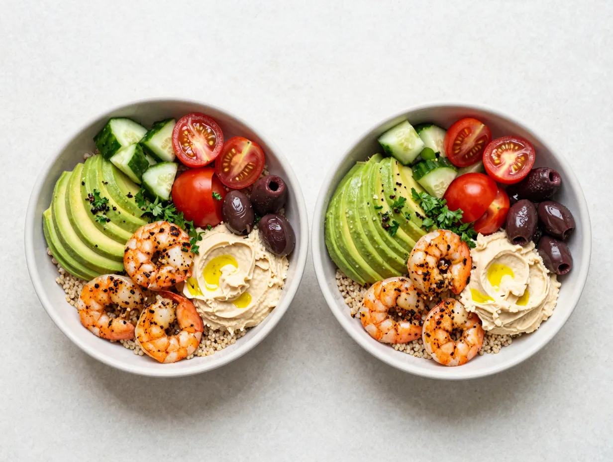 Shrimp and avocado mediterranean bowl