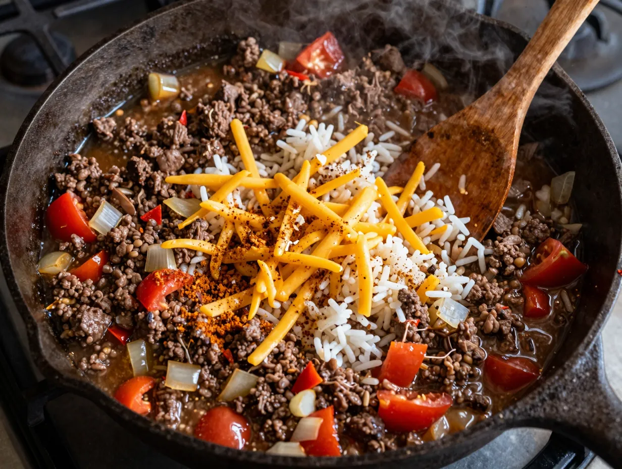 One pan beef and rice skillet