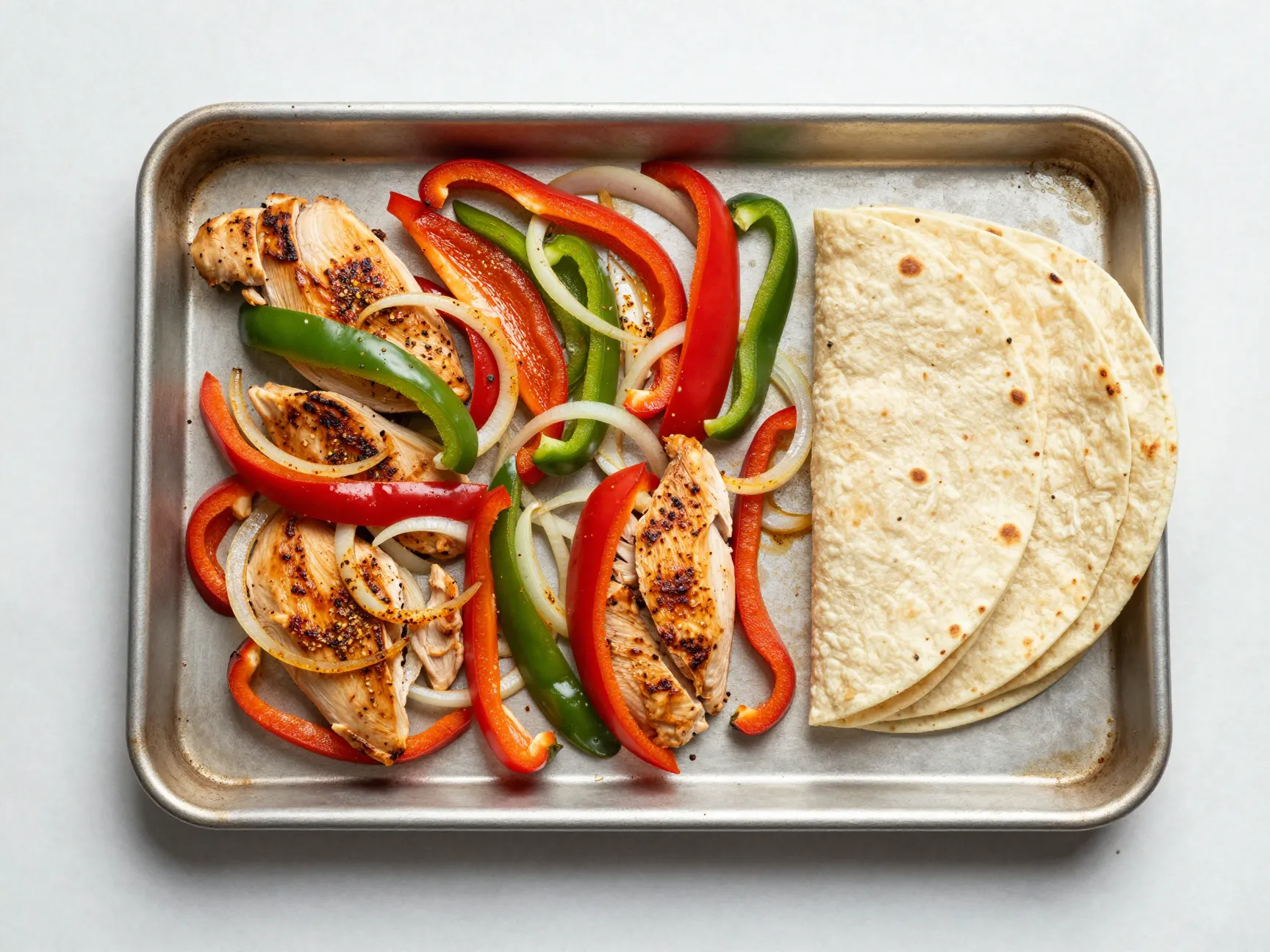 Roasted chicken fajitas on a single sheet pan