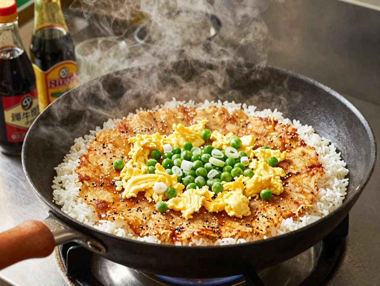 Day old fried rice crusting in a hot wok