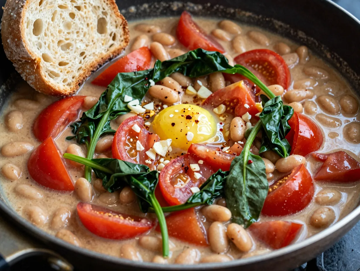 A simmering skillet of creamy tuscan white beans
