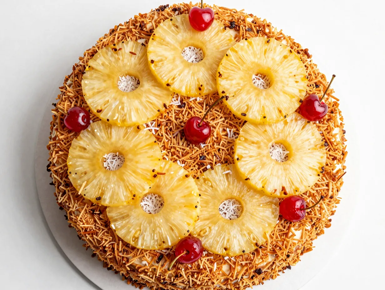 Tropical coconut and pineapple upside down cake