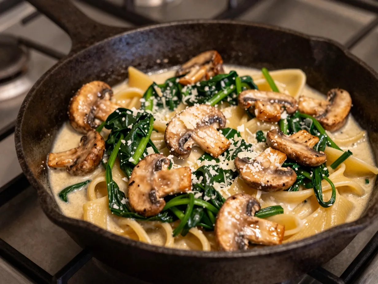 Parmesan spinach mushroom pasta skillet