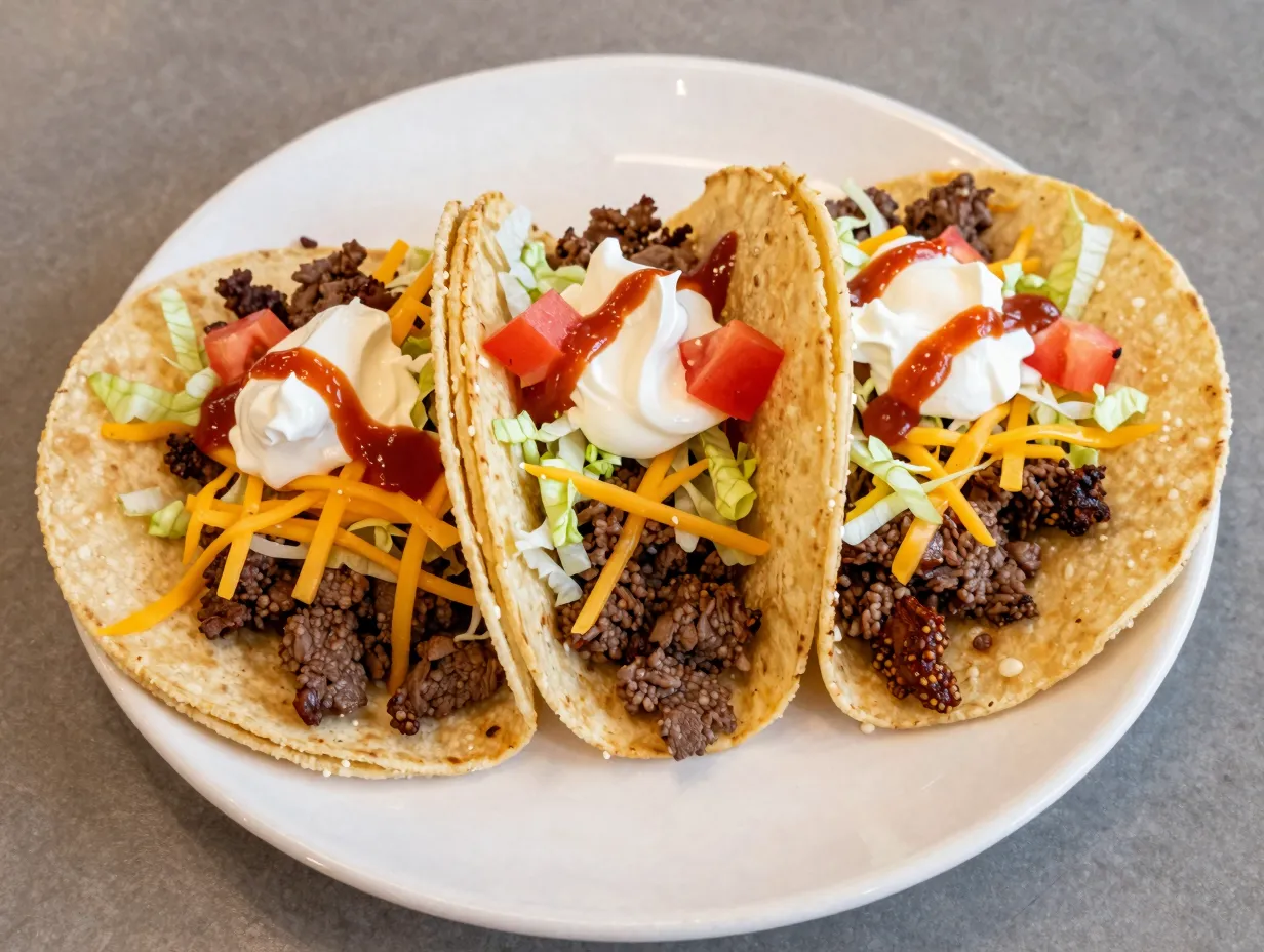 Spicy ground beef tacos assembled on a plate
