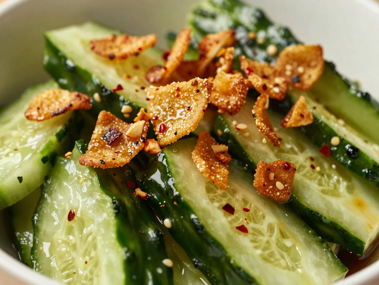 The viral asian cucumber salad with garlic chips