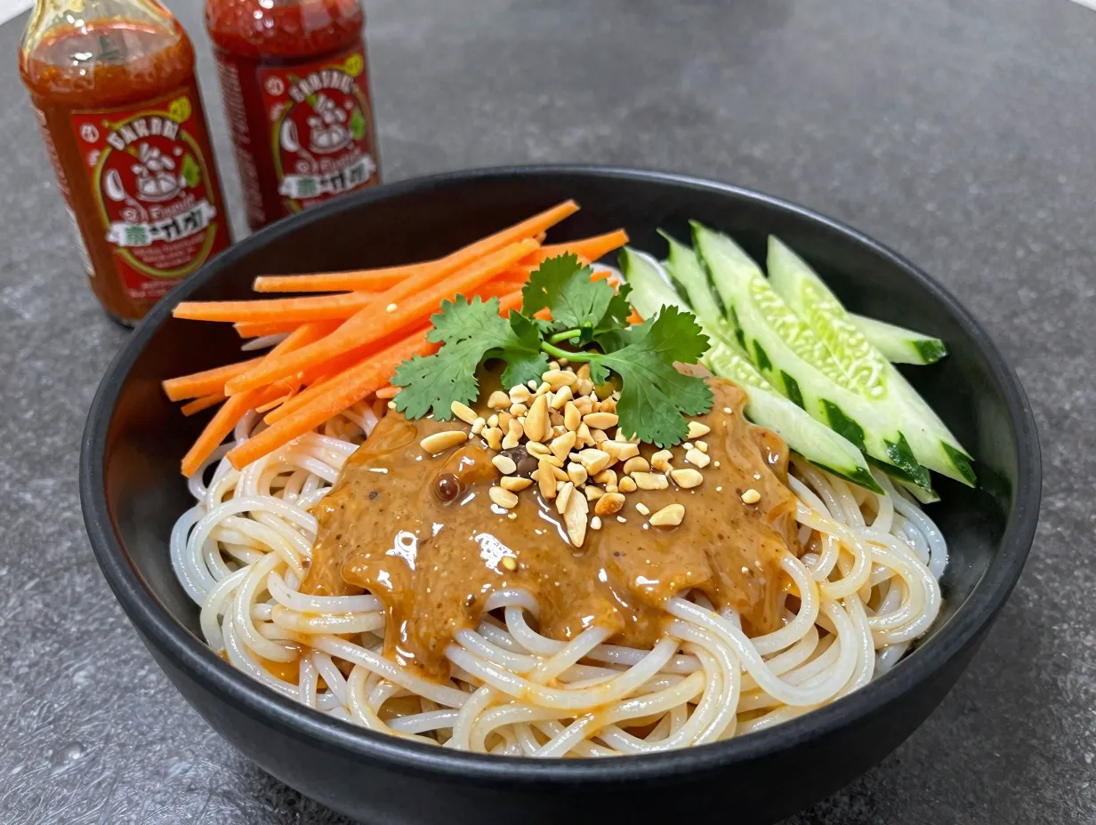 Rice noodles tossed in glossy thai peanut sauce