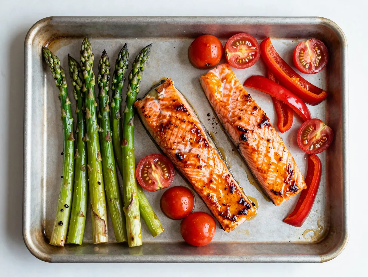 Honey glazed salmon with roasted vegetables