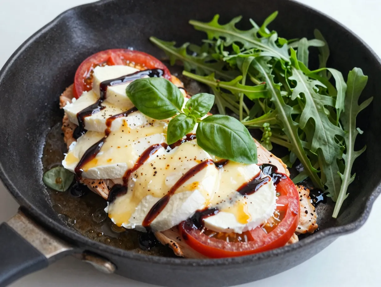 Juicy caprese chicken breasts in a skillet