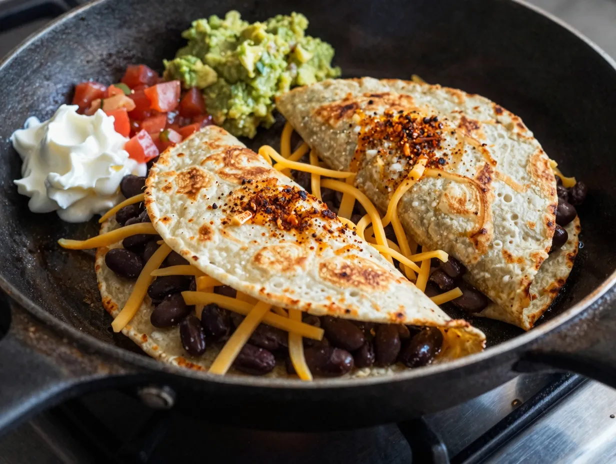 Crispy black bean quesadilla cooking in a skillet
