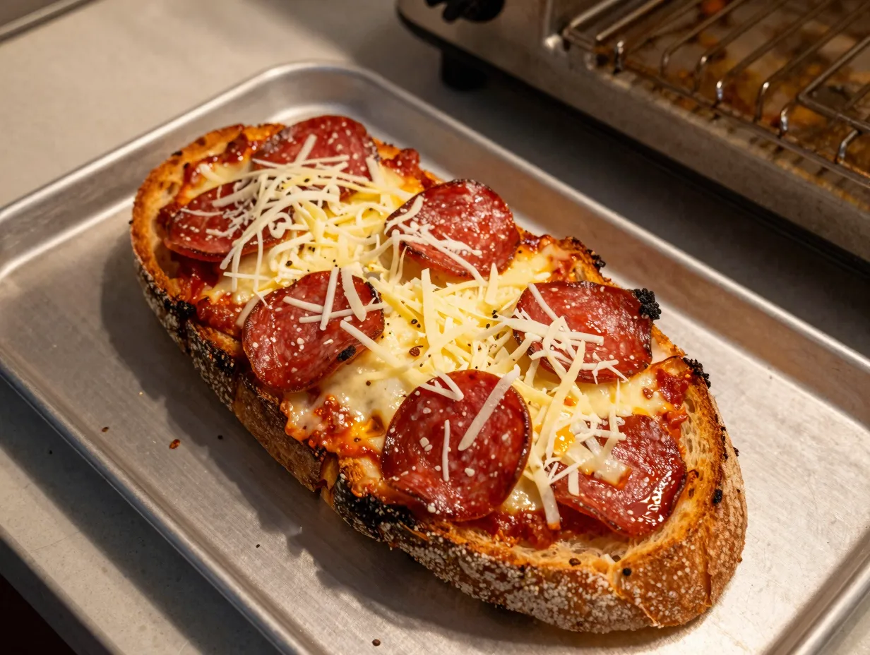 A cheesy bubbling pizza toast under broiler heat