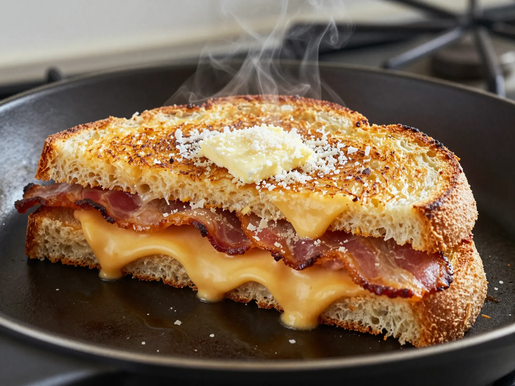 A golden grilled cheese sandwich with crispy parmesan crust
