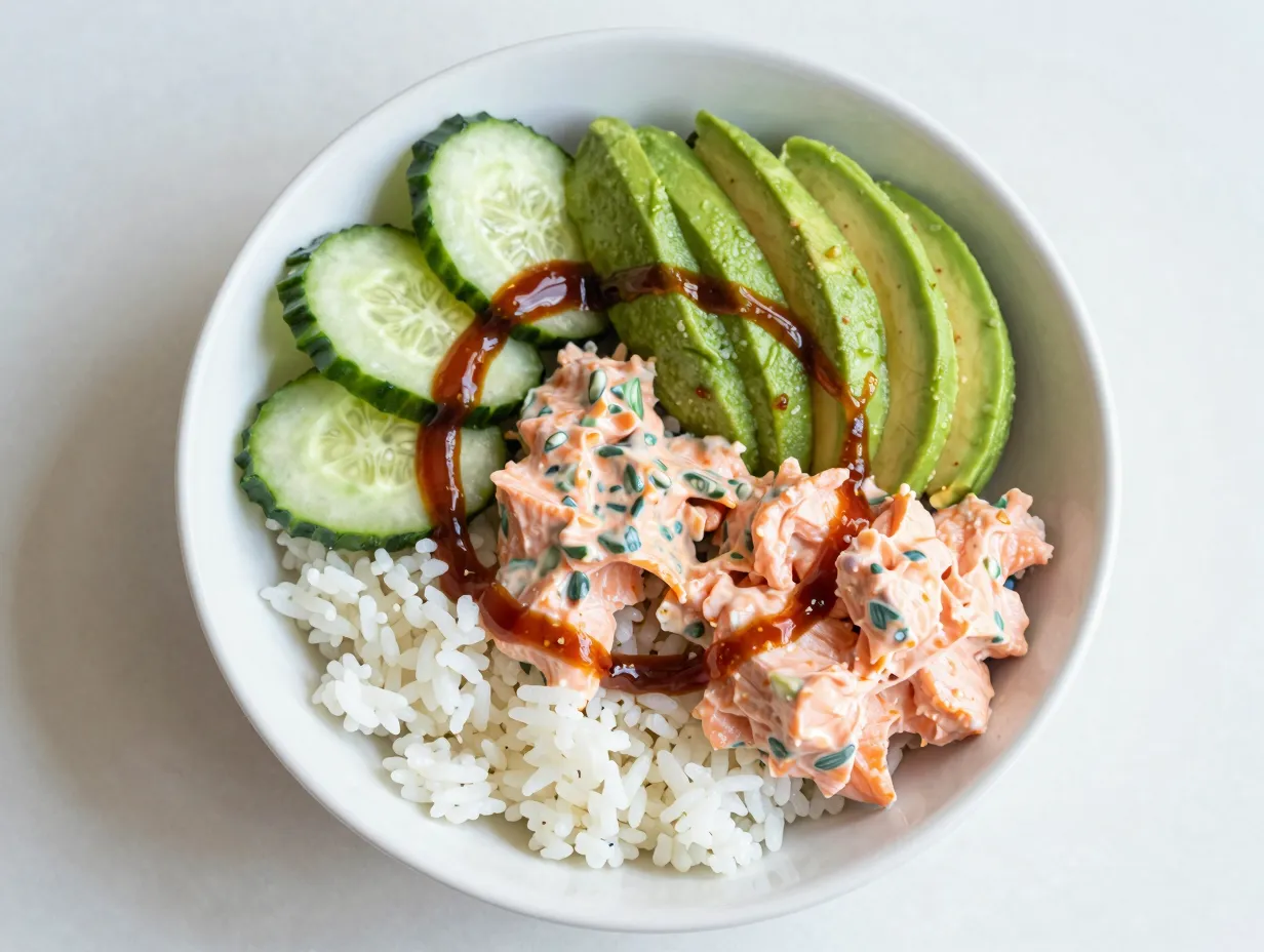 A spicy salmon salad rice bowl with fresh toppings
