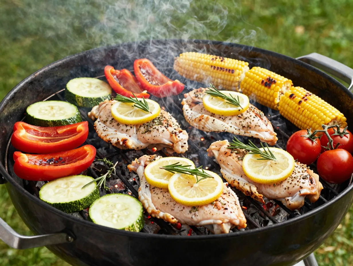 Grilled fresh herbed chicken with summer vegetables