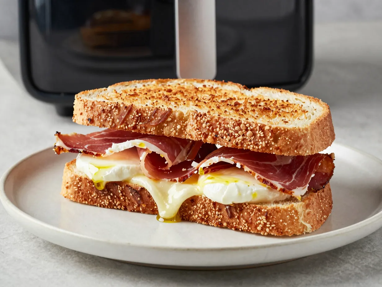 A prosciutto mozzarella grilled cheese from an air fryer
