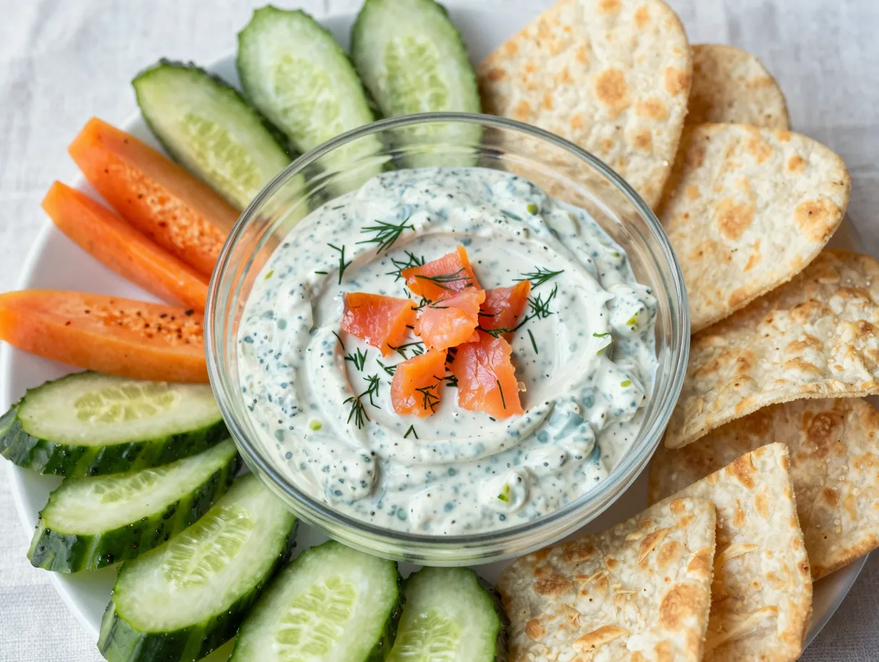 Greek yogurt smoked salmon dip with cucumber and dill
