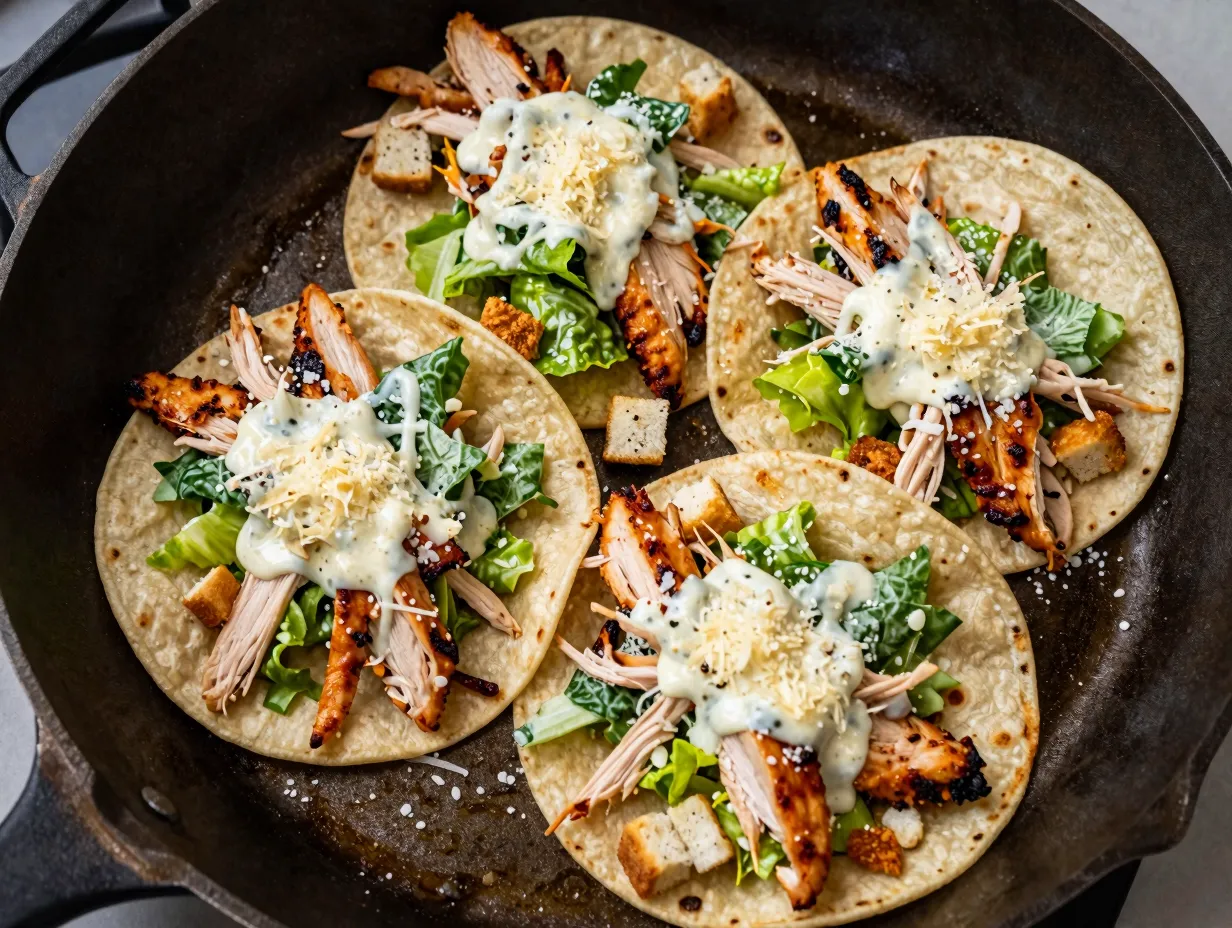 Chicken caesar smashed tacos on a warm skillet