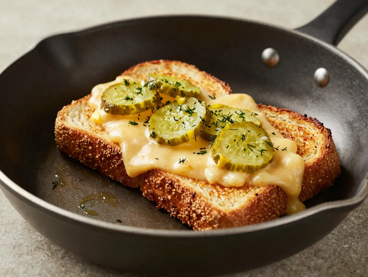 A pickle grilled cheese sandwich with melting havarti