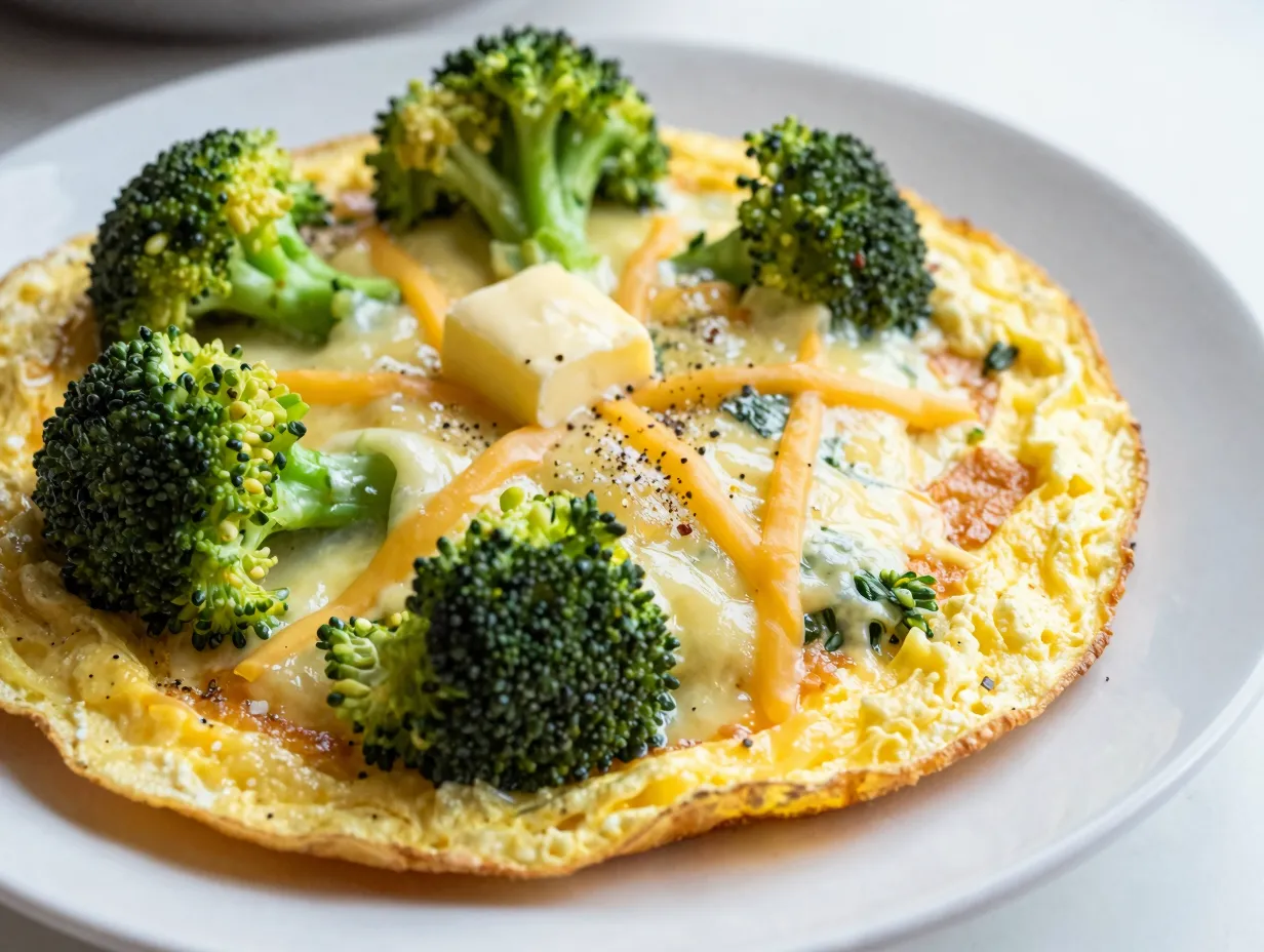 A fluffy broccoli cheese omelette folded on a plate