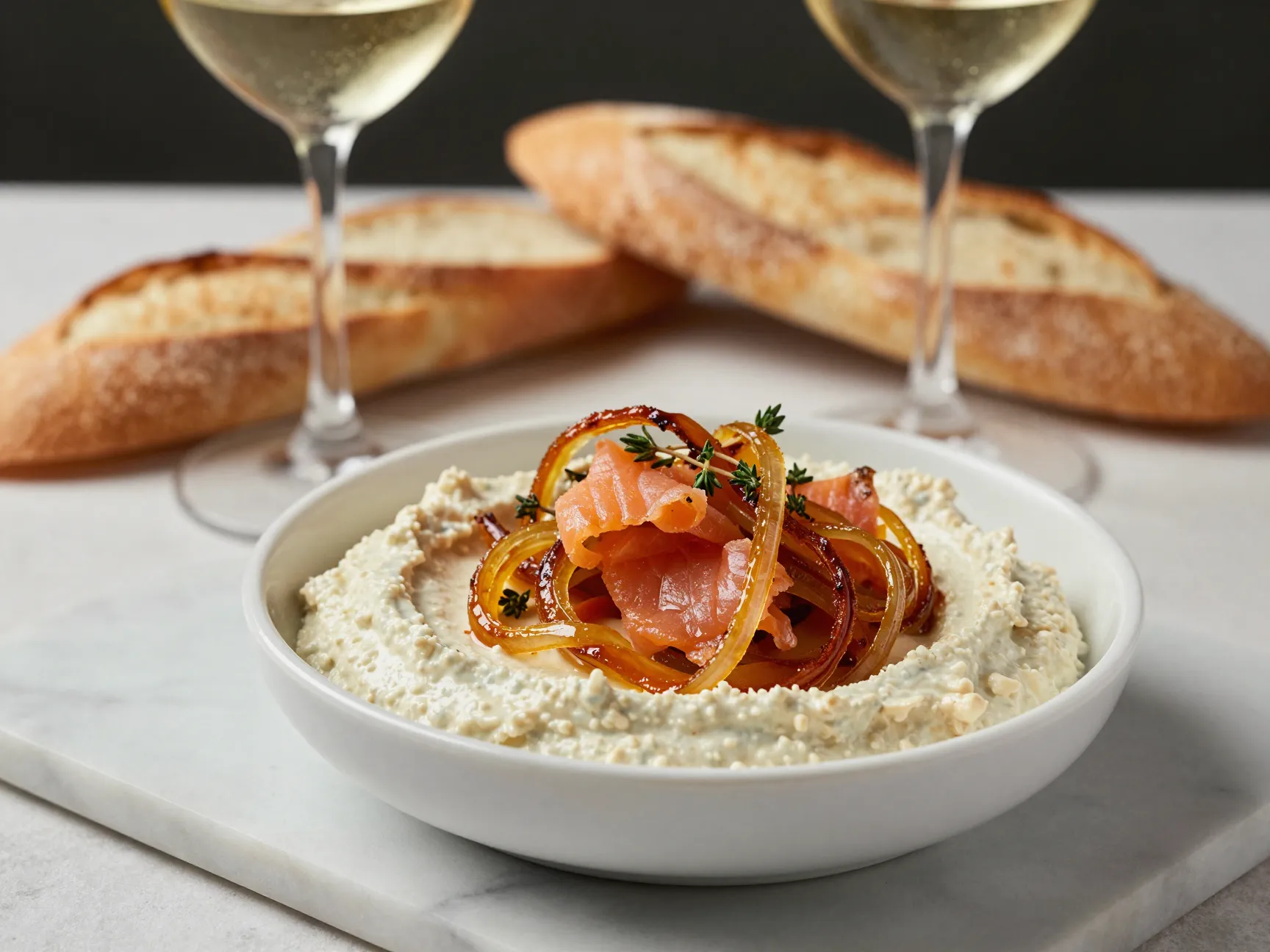 Smoked salmon dip with caramelized onions and goat cheese