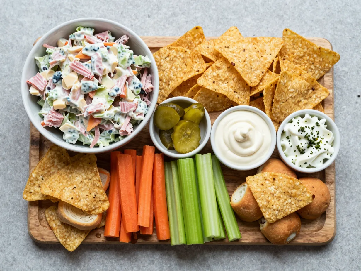 Ham salad served with fresh vegetables and corn chips