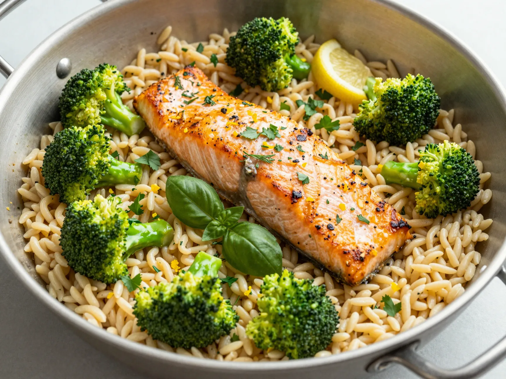Salmon with lemon herb orzo and broccoli