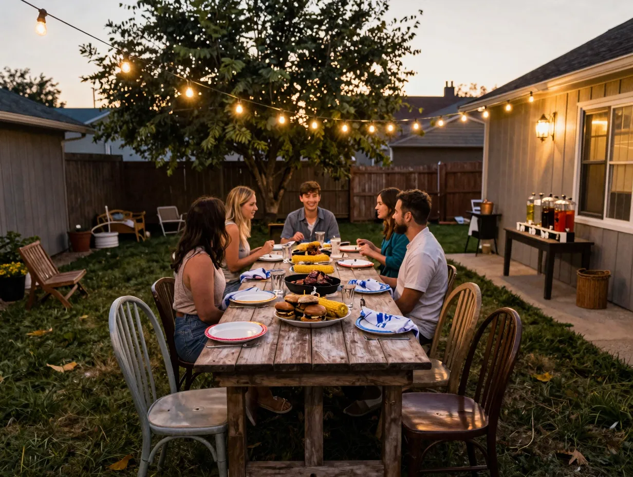 A warmly lit backyard barbecue with family and friends gathered