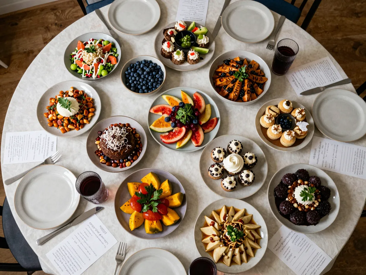 A joyful potluck dinner with diverse homemade dishes on tables