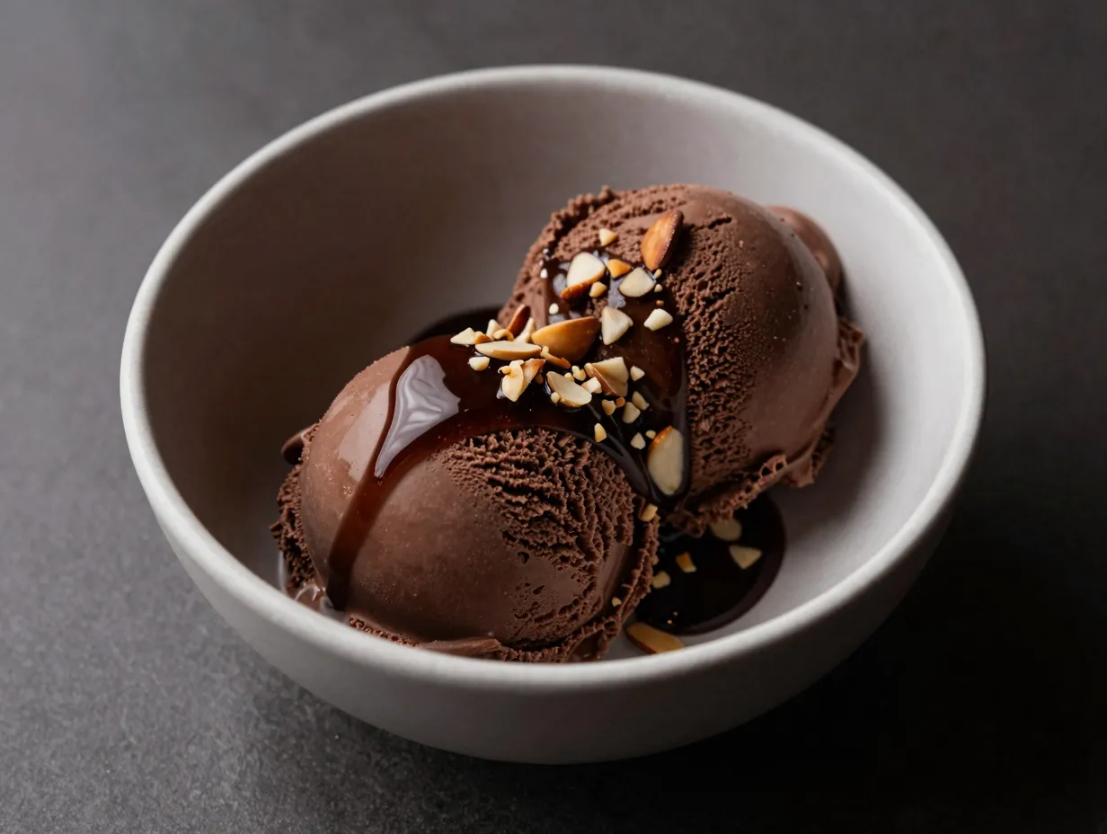 Chocolate ice cream with beer syrup and smoked almonds