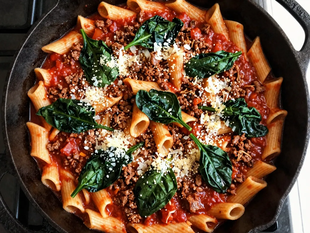 4 beef and spinach pasta skillet