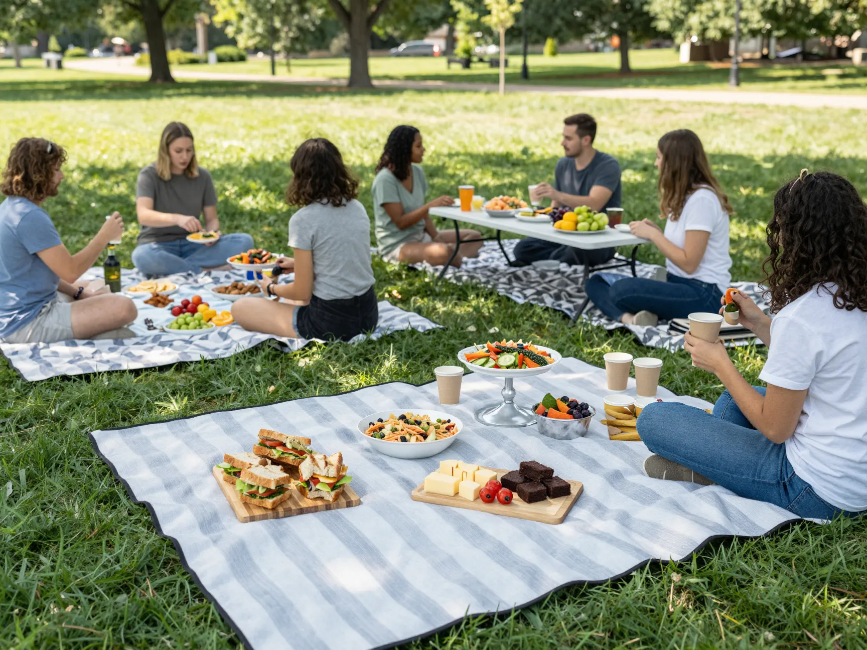 A scenic picnic rehearsal dinner on a grassy park lawn