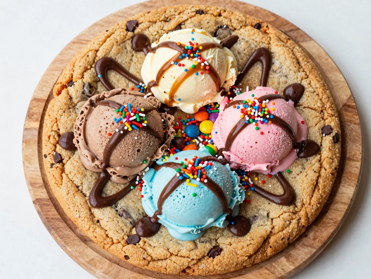 Chocolate chip cookie ice cream pizza sundae