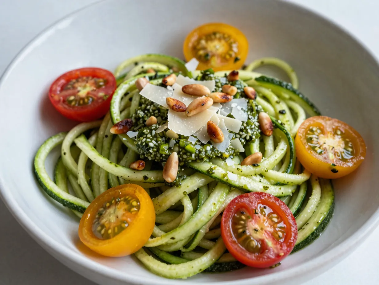 Zucchini noodles with pesto and cherry tomatoes