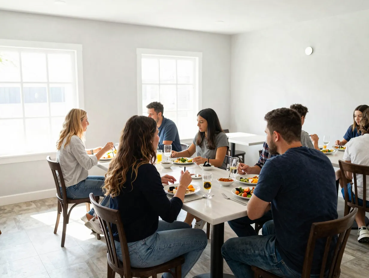 A daytime rehearsal dinner in a sunlit restaurant dining room