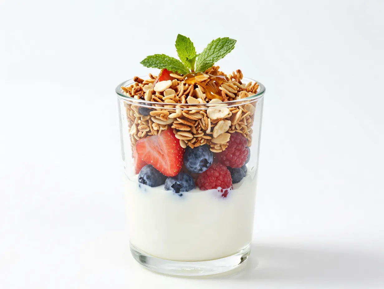 Greek yogurt parfait with seasonal berries and granola