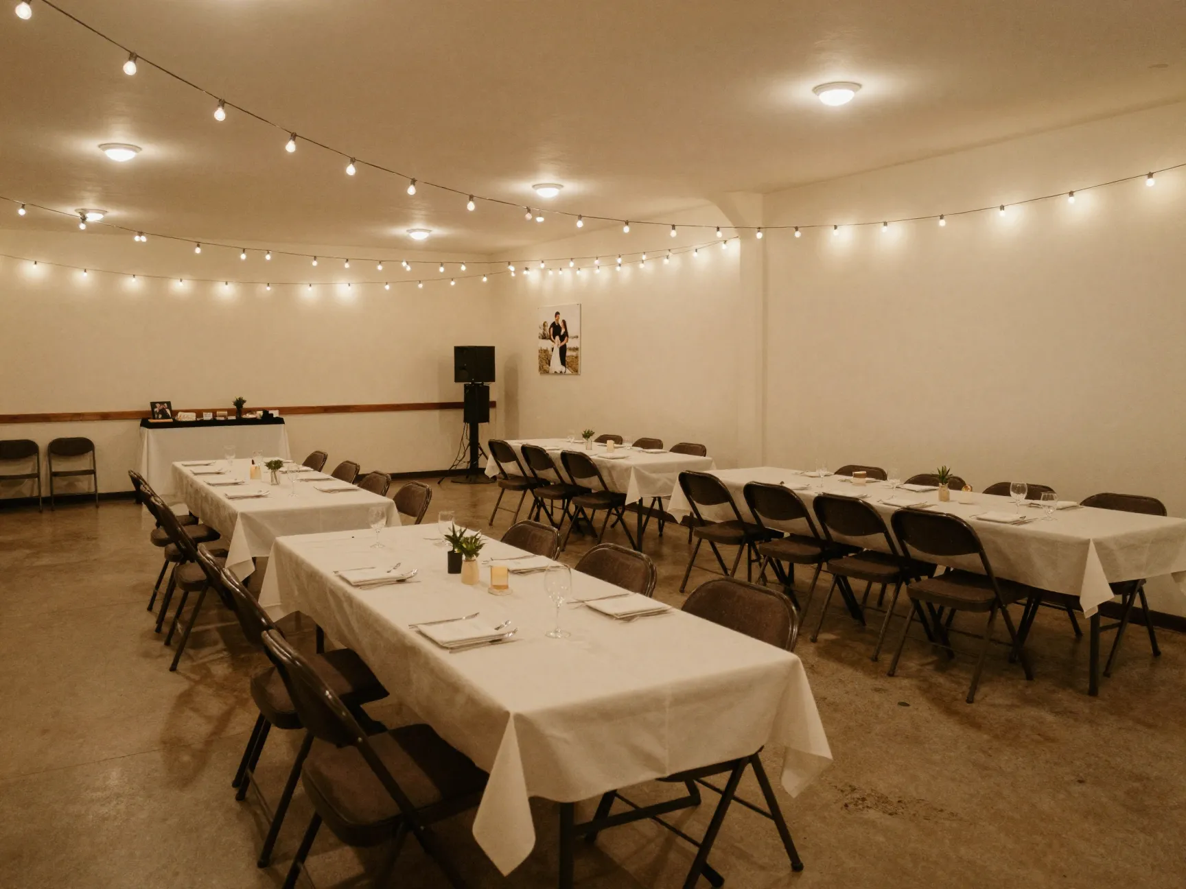 A decorated community center hall with tables set for dinner