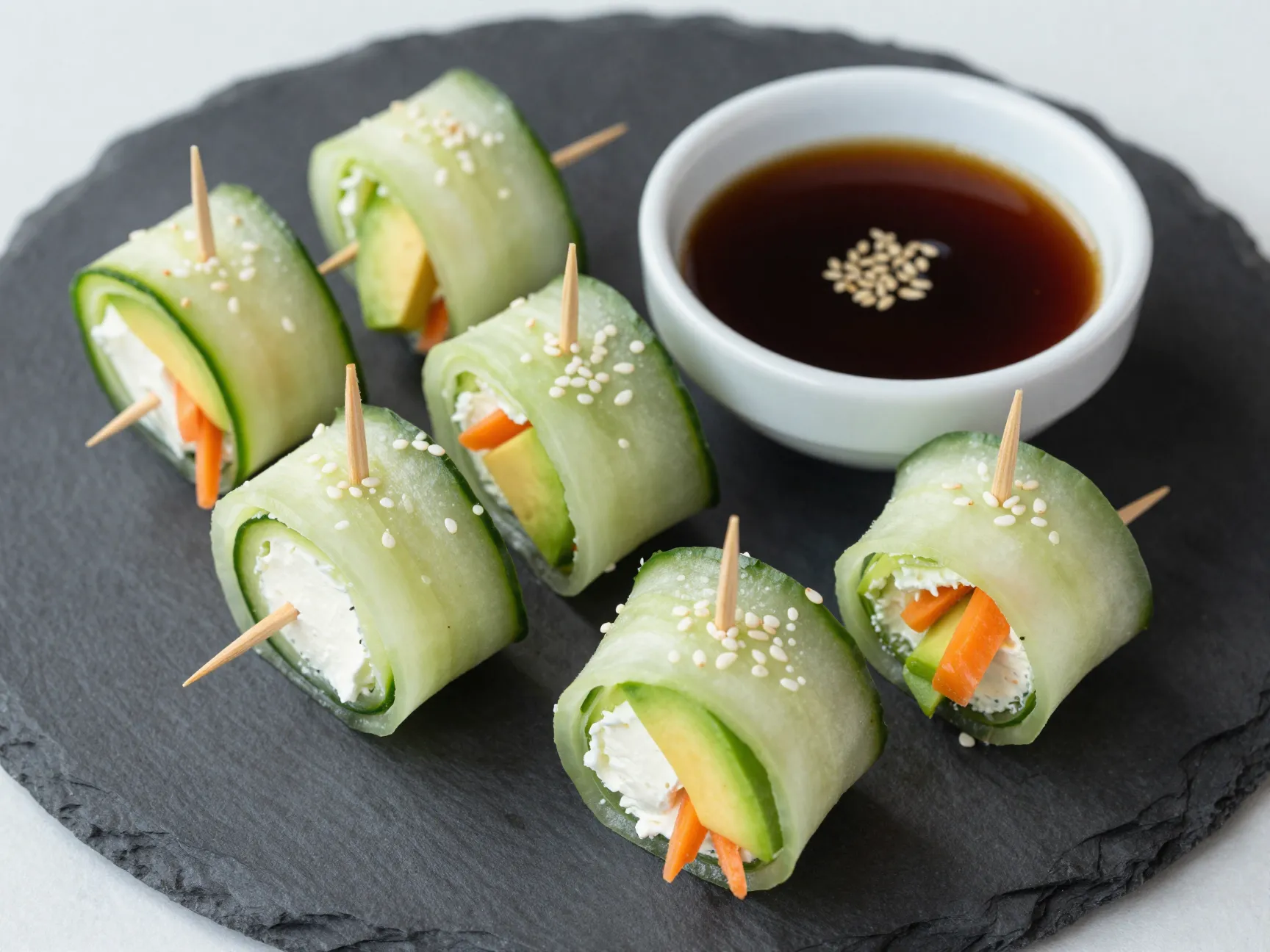 Cucumber avocado rolls with sesame dipping sauce