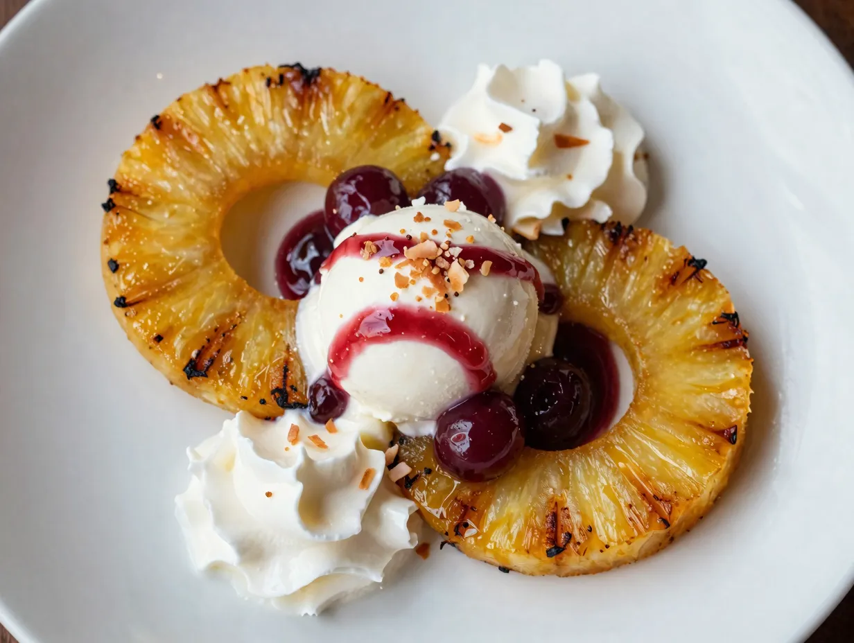 Grilled pineapple split sundae with cherry sauce