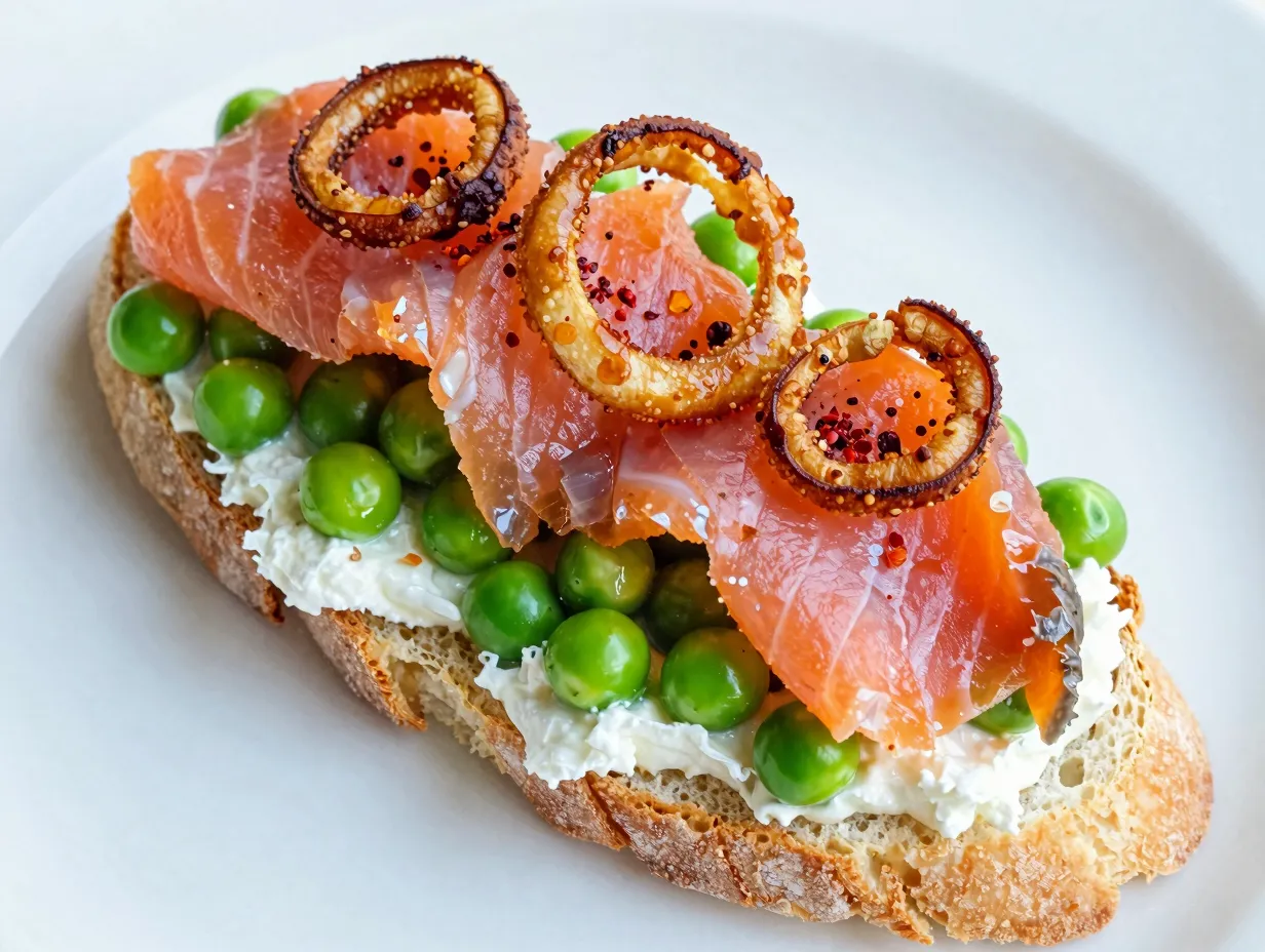 Smashed pea lemon ricotta and crispy shallot