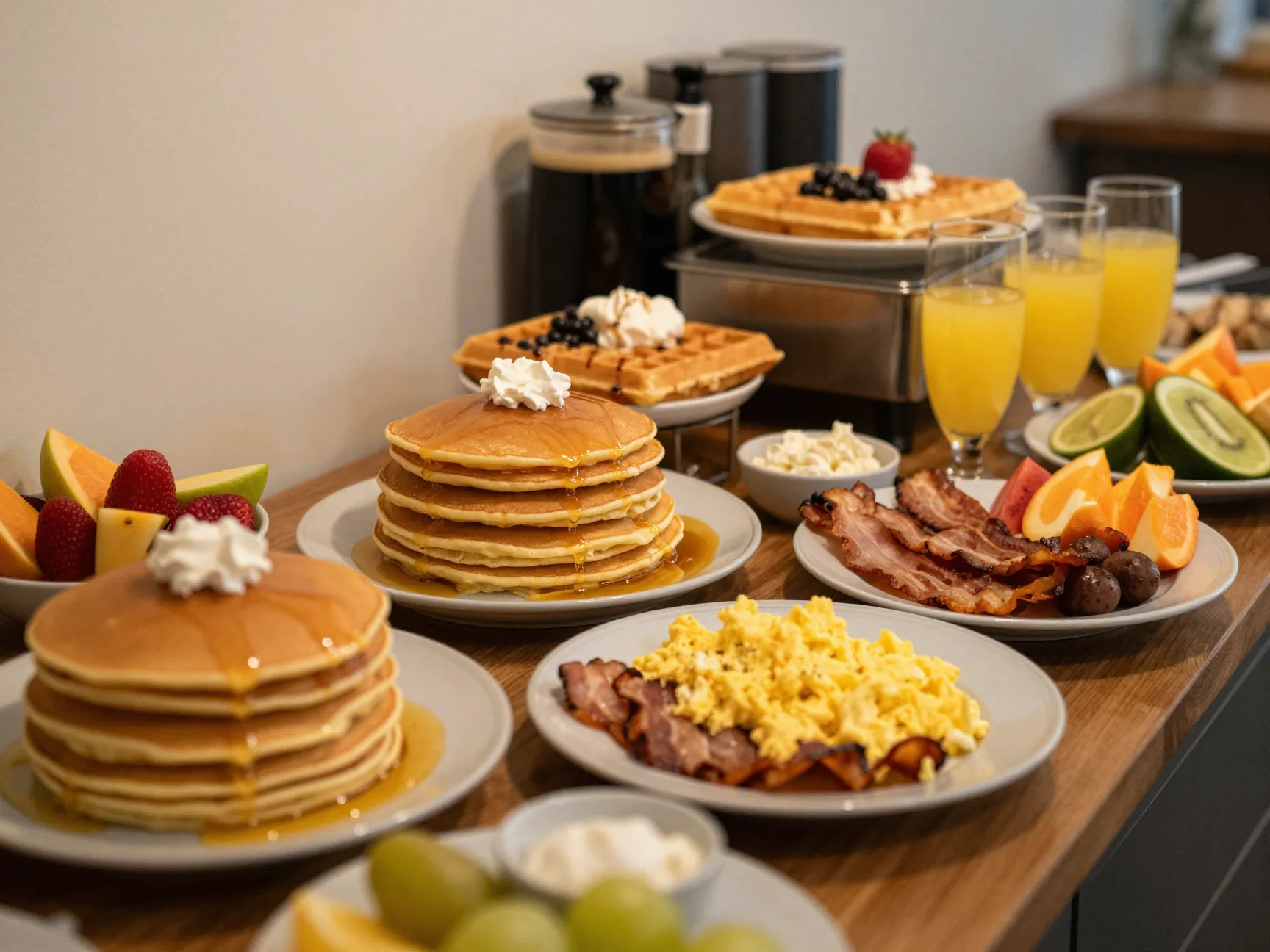 A breakfast for dinner buffet with pancakes and waffle station