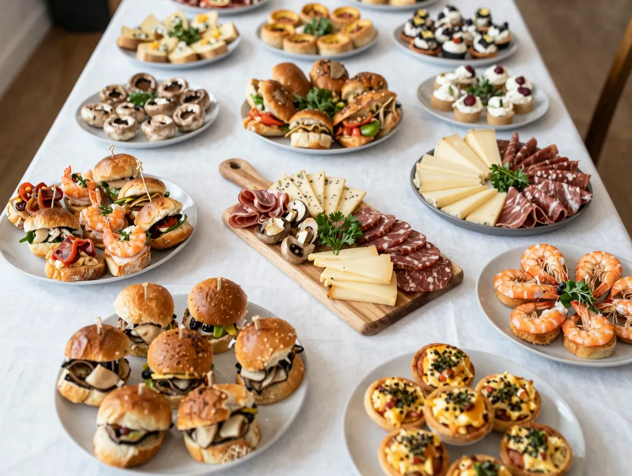 A lavish spread of heavy appetizers on a long serving table