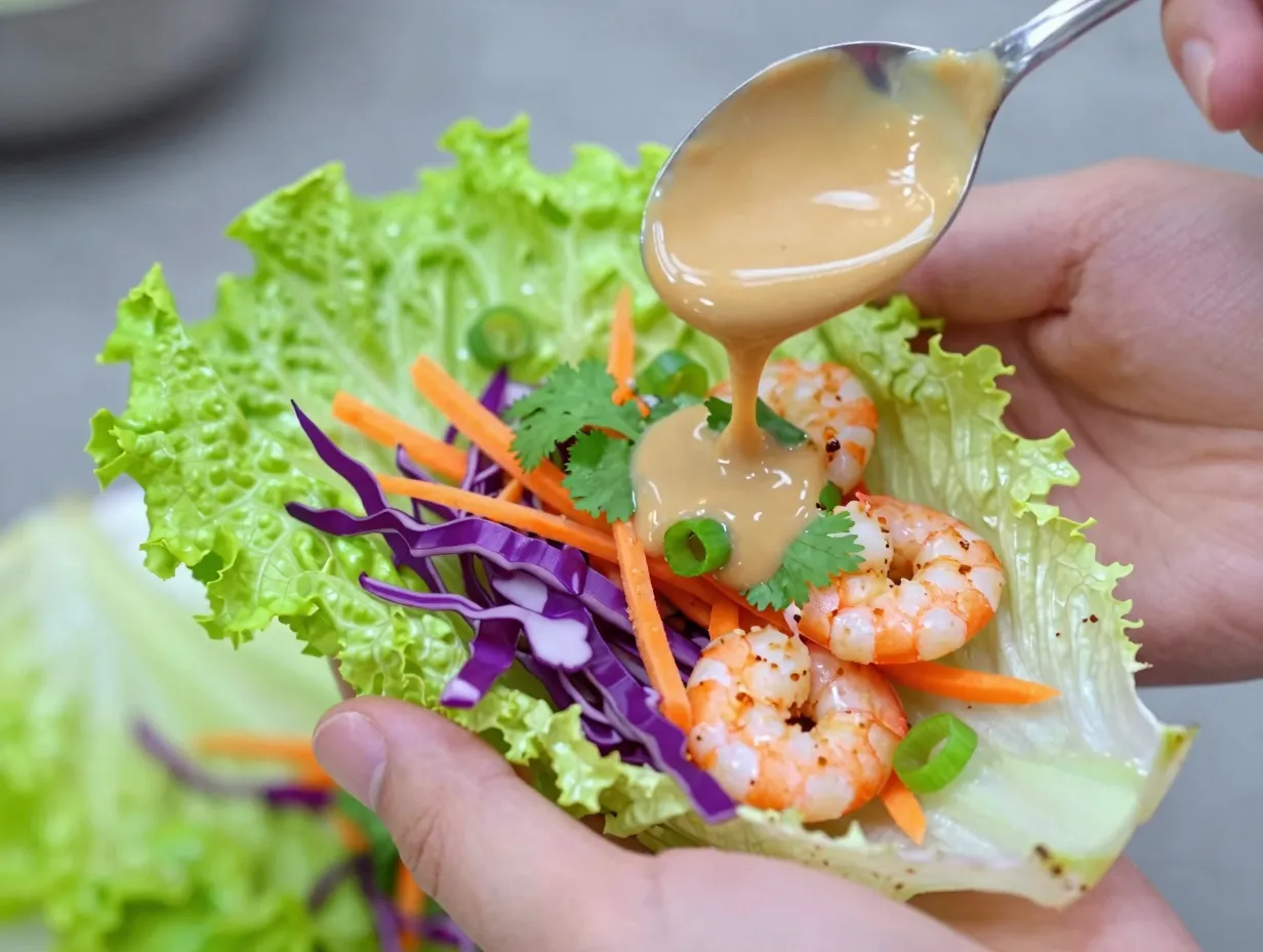 Chilled shrimp lettuce wraps with ginger peanut sauce